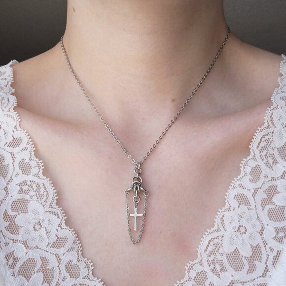 Gothic cross necklace with a small silver chain ✦ medieval chainmaille necklace - Picture 1 of 9